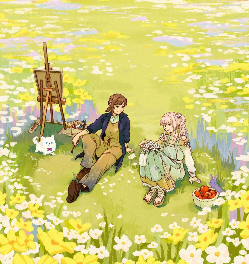ena and mizuki sitting in a verdant field of flowers. ena watches mizuki softly as she arranges loose flowers on her lap. there is a canvas and easel and paints to ena's right, a fluffy white dog hiding underneath its shade, a basket of red apples to mizuki's left, and a purple rabbit eyeing the fruits.