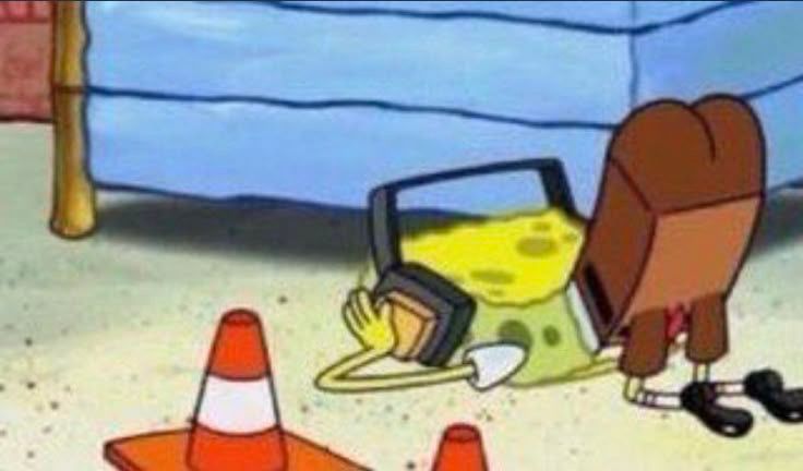 spongebob bent over, caked up, looking for something under his bed. he has headphones on and a traffic cone next to him