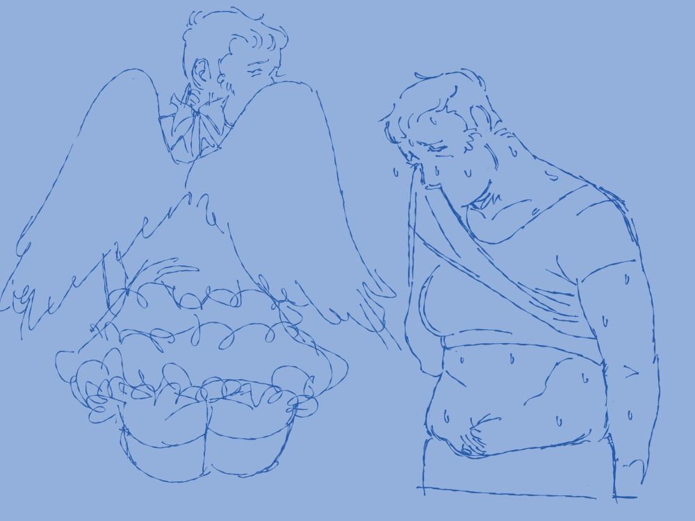 erik on the left has a short puffy dress on with angel wings hiding half of her face, on the right erik wiping sweat on her face w a shirt, showing her sports bra underneath