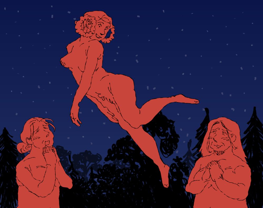 art of vera, zlata and khuta from kingdom come deliverance 1. they're in the middle of a witch ritual which made vera float in the air. zlata and khuta stare at her with awe and reverence. all three are colored in red. there's a starry night and the black outline of the forest in the background