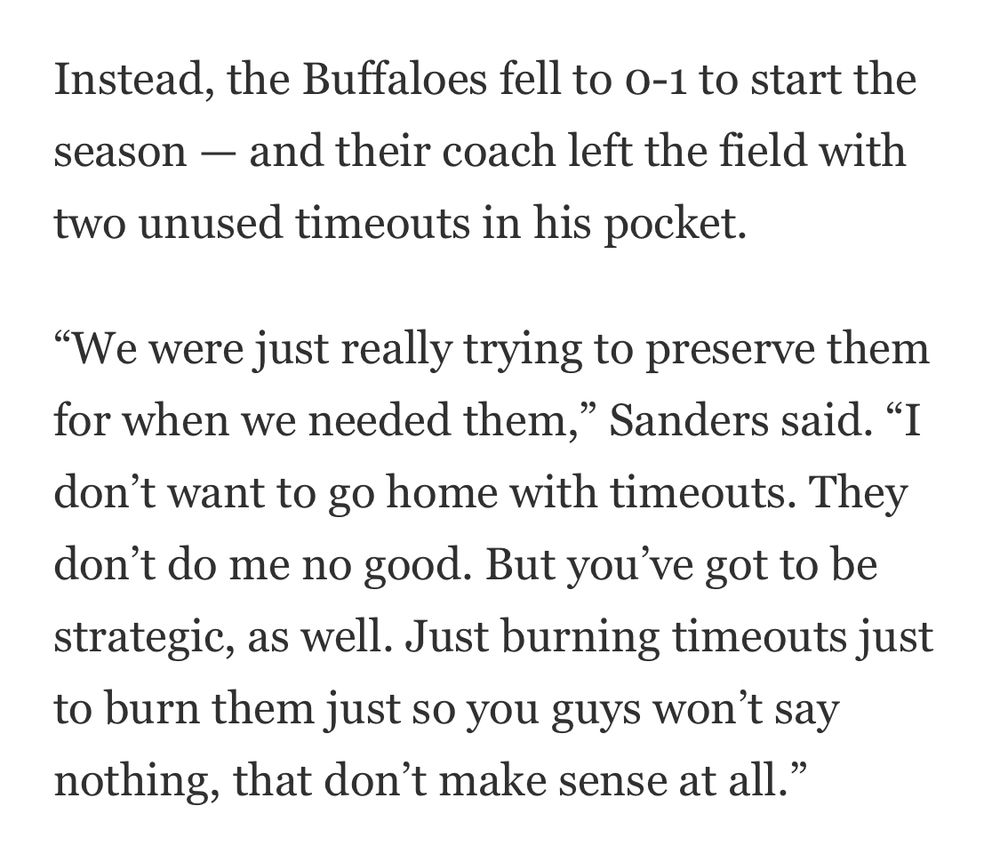 Instead, the Buffaloes fell to 0-1 to start the season - and their coach left the field with two unused timeouts in his pocket. 