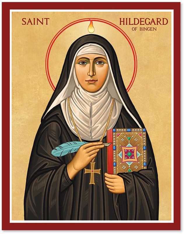 Painted icon shows Hildegard von Bingen holding a book of gospels and holding a feather quill