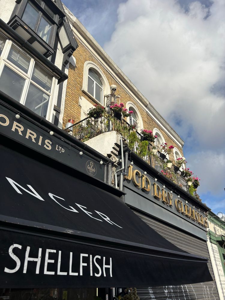 Skeleton overlooking the street from above dry cleaners 