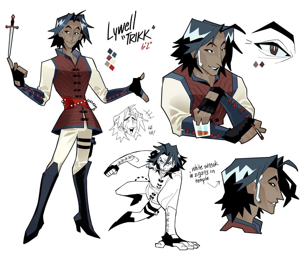 Character sheet of my oc Trikk. He likes to think he’s the swashbuckling type, but he’s clumsier than that. 

Captions: Lywell “Trikk” 6’2” 
White streak in zigzag on temple 