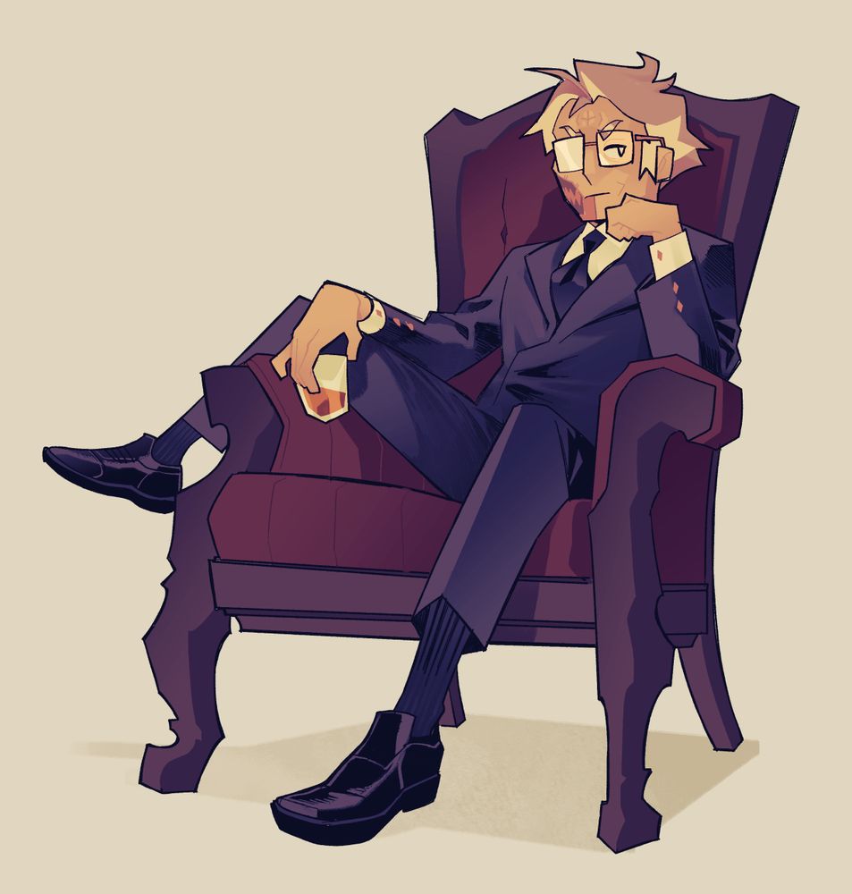 My oc Mouse lounging in an elegant chair with one leg slung over the arm, holding a glass of whiskey. He looks annoyed, but he does most of the time. 