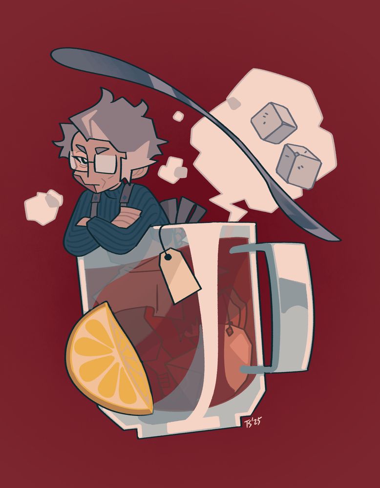 My oc Mouse inside a teacup with two cubes of sugar, lemon wedge and a spoon, floating on a red background. 