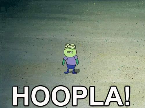 a cartoon character says " hoopla " while standing on the ground