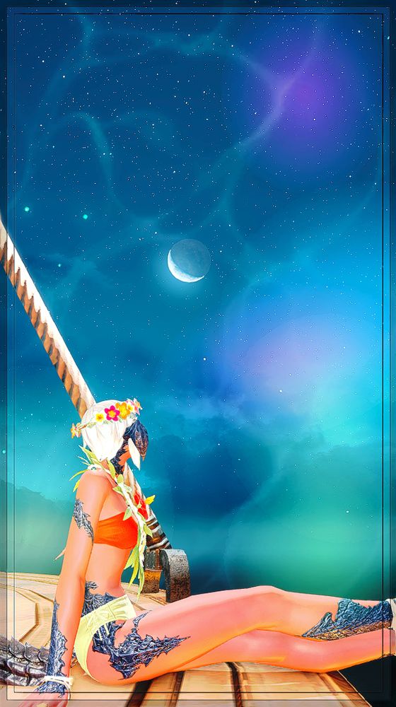 Xaela Au'ra from the game FFxiv looking up at the moon.