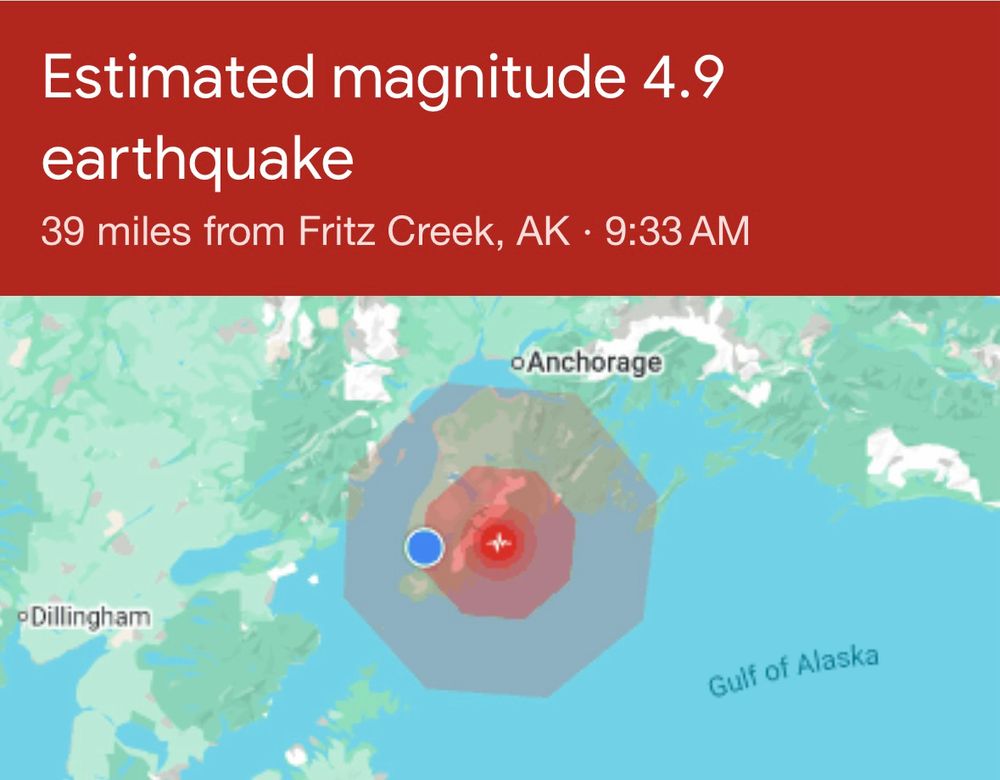 A graphic that says “Estimated magnitude 4.9 earthquake” over a map of southern Alaska