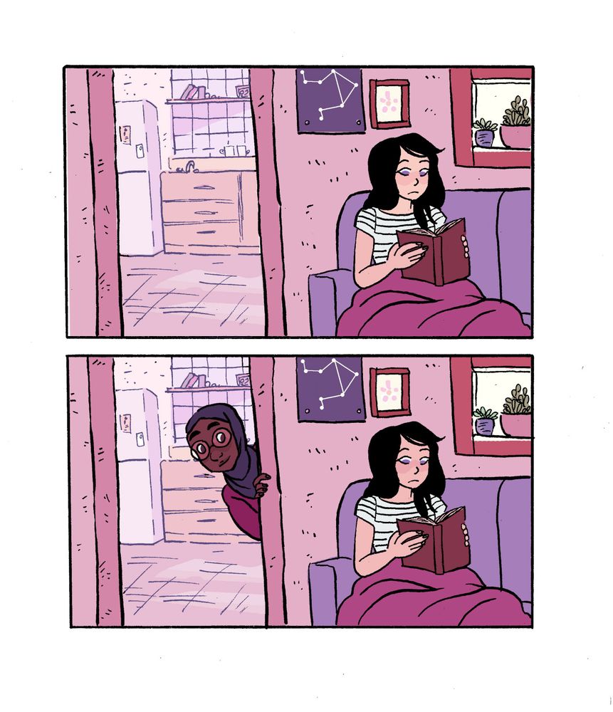 First panel: a long black haired character reads a book on a sofa

Second panel: a dark skinned hijab wearing woman with glasses peaks out from behind a doorway, smiling at the black haired woman reading