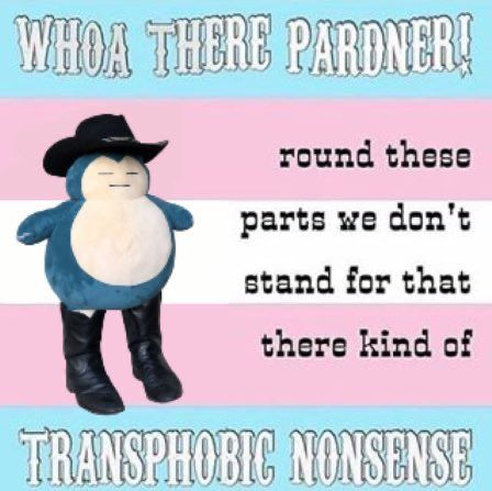 Snorlax wearing a cowboy hat and boots with a trans flag behind them, announcing, “WHOA THERE PARDNER! Round these parts we don’t stand for that there kind of transphobic nonsense”