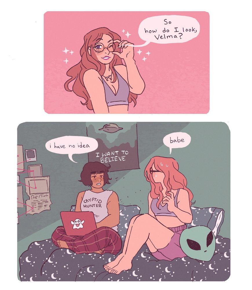 Panel 1: Daphne wears Velma’s glasses and asks, “so? How do I look, Velma?”

Panel 2: Velma, sitting on her bed with her laptop and no glasses, responds frankly, “I have no idea.”

Daphne mumbles weakly, “babe-“