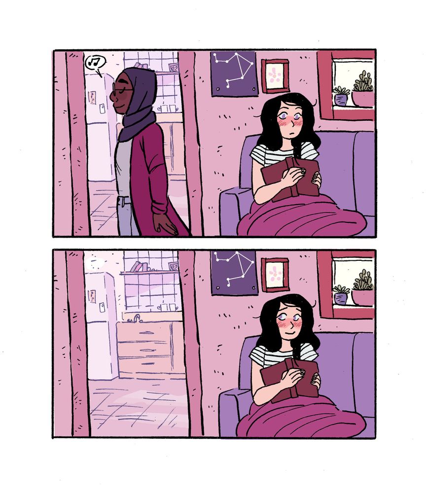 Panel 1: hijab woman walks away with a satisfied smile as the black haired woman blushes with wide eyes, clutching her book

Panel 2: the black haired woman smiles, still blushing