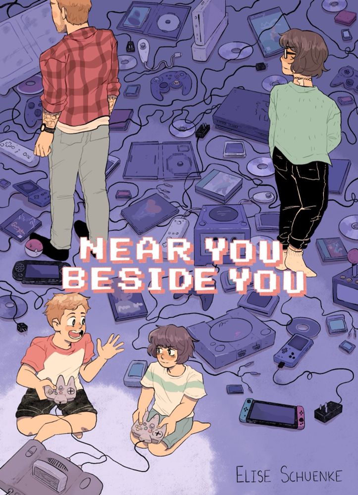 Two young siblings talk and play video games while the grown up versions of them stand facing away. They are surrounded by various video game related tech and games. The title: Near You Beside You