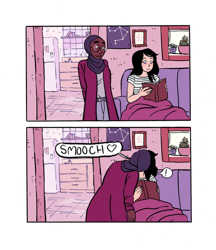 Panel 1: hijab woman stands with her hands behind her back next to the woman reading

Panel 2: hijab woman kisses the long haired woman with a speech bubble popping out saying “smooch 💜”