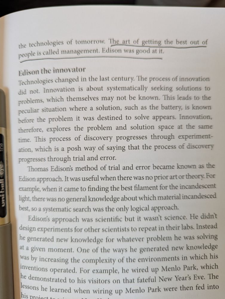 Page from visionaries with the text "The art if getting the best out of people is called management. Edison was good at it." highlighted