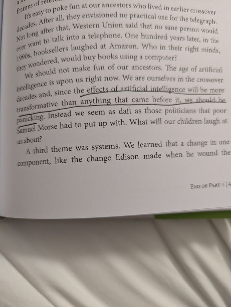 Page from visionaries with the text: effects of artificial intelligence will be more transformative than anything that came before it, we should be panicking.