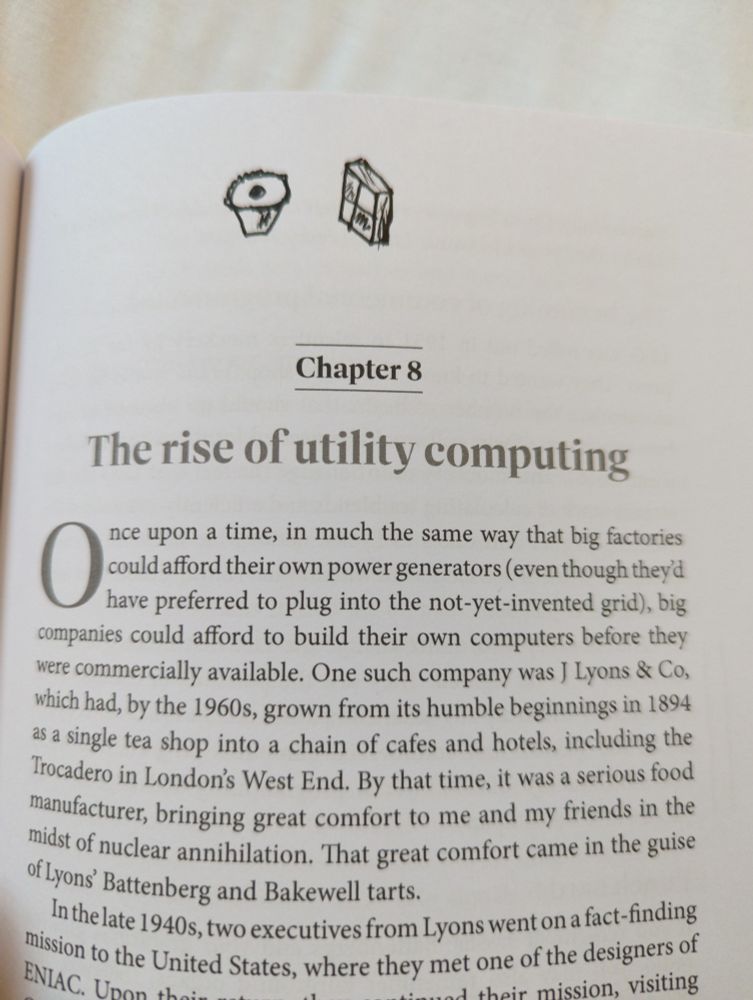 Intro to Lyons and Co creating the first mainframe. The page has been defaced with a Bakewell tart and battenburg cake.
