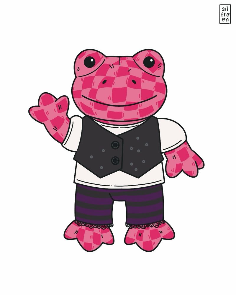 Drawing of a pink checkered frog plushie 