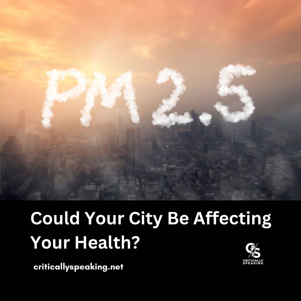 Smog filled sky over cityscape. Text in smog says PM 2.5. 