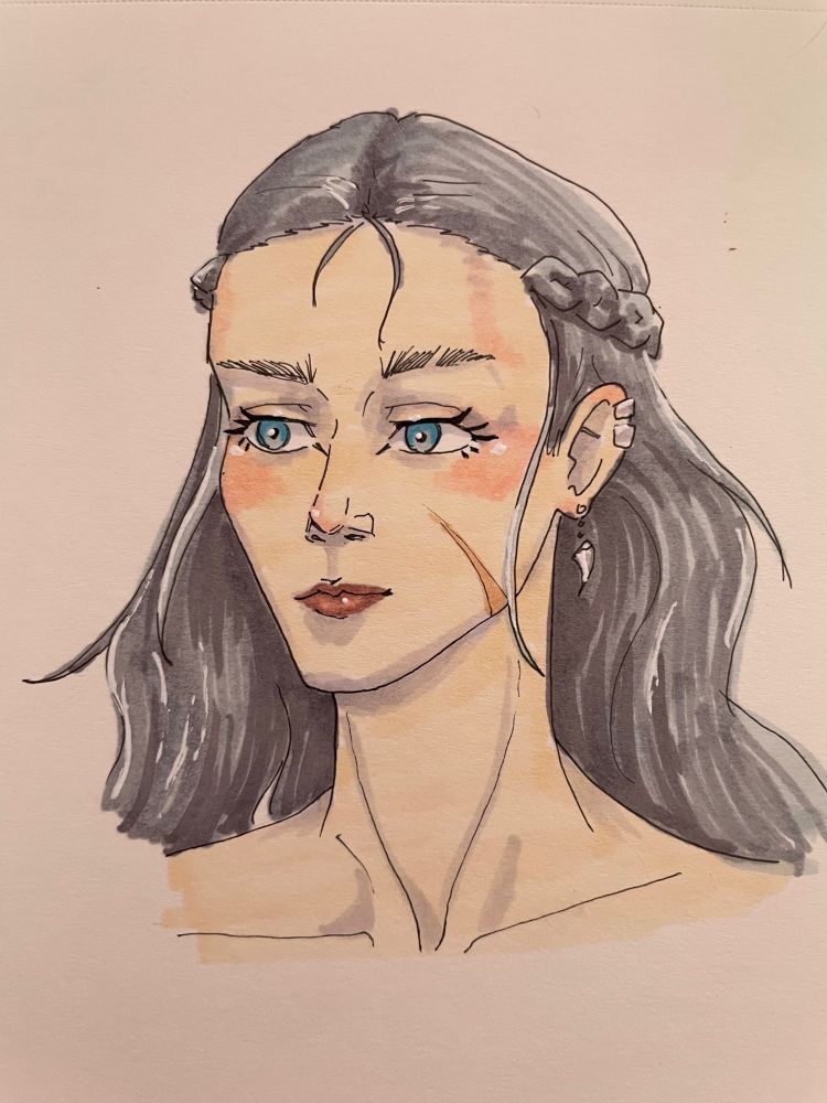 Bust drawing of a woman with gray hair and blue eyes in 3/4 view.