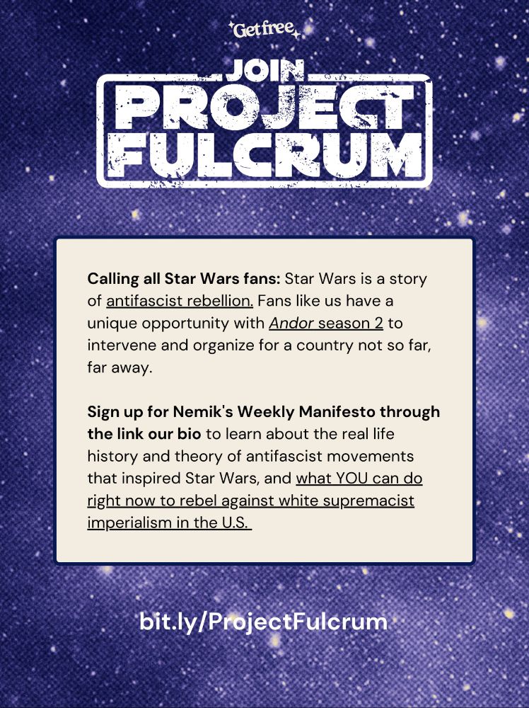 Calling all Star Wars fans: Star Wars is a story of antifascist rebellion. Fans like us have a unique opportunity with Andor season 2 to intervene and organize for a country not so far, far away.

Sign up for Nemik's Weekly Manifesto through the link our bio to learn about the real life history and theory of antifascist movements that inspired Star Wars, and what YOU can do right now to rebel against white supremacist imperialism in the U.S.
