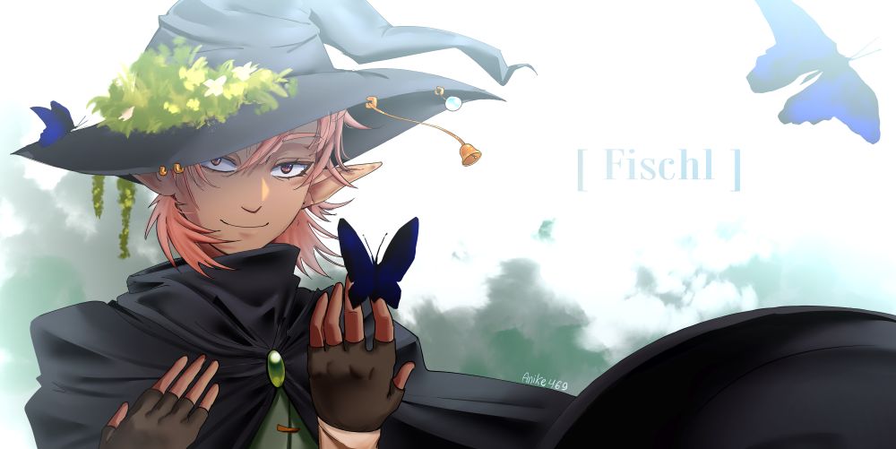 A character with pointy ears and pink hair. He has dark cloak, and a dark hat with lots of accessories and greenery on it. There's a butterfly on his hand, and on his hat. The background is white with green paint strokes.