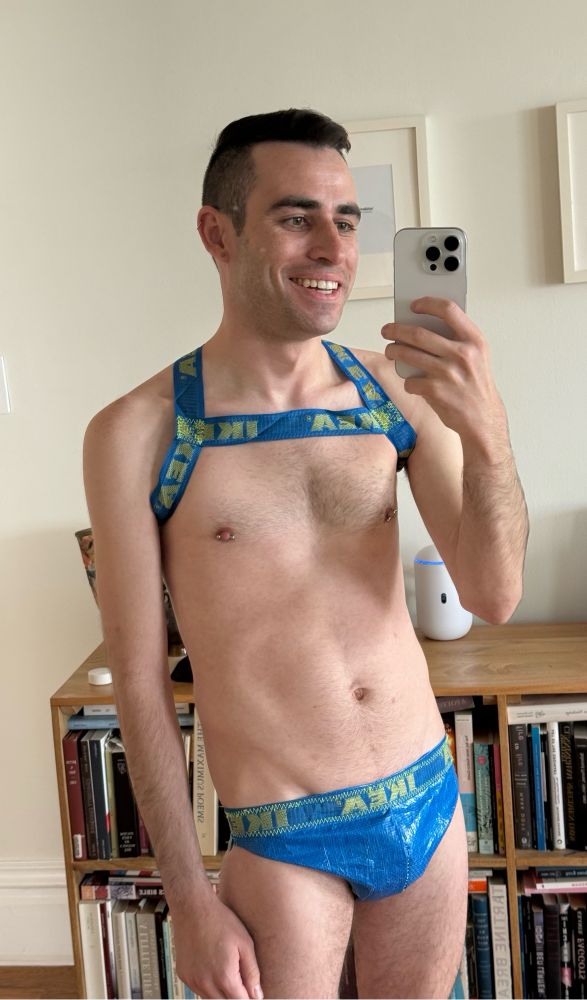 okay so it’s not quite a thong but here is the IKEA bag that I sewed into a pair of briefs and a harness