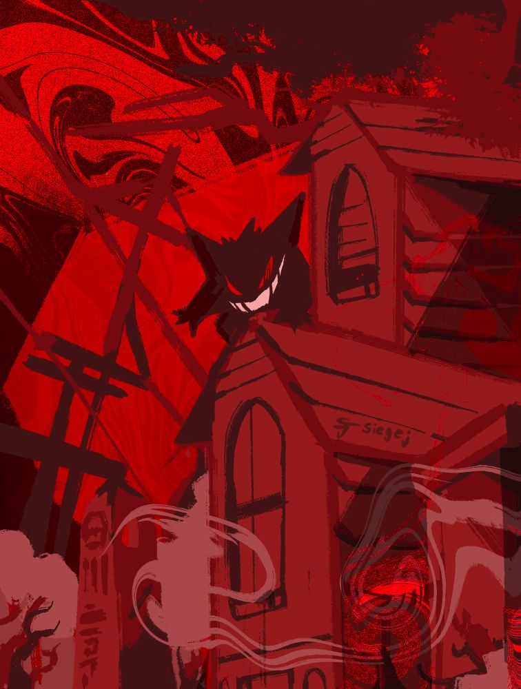 An eerie Gengar leers at you menacingly from atop and old house.