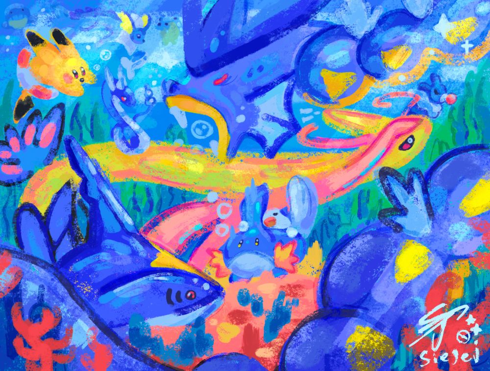 A cute collage of undersea pokemon, just bubbling around together! Featured here is Sharpedo, Milotic, Mudkip, Oshawott, Surfing Pikachu, Gyrados, Vaporeon, Spheal, Wailmer, and Popplio!