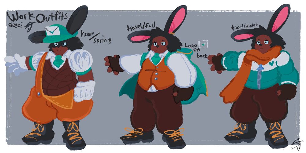 Variety of Sage's Mail courier outfits. One has a hat, sweater vest, and loose overalls. the Second is a button up, brown pants, and a gray hood. The final one is a green/white coat with an orange scarf and brown pants.