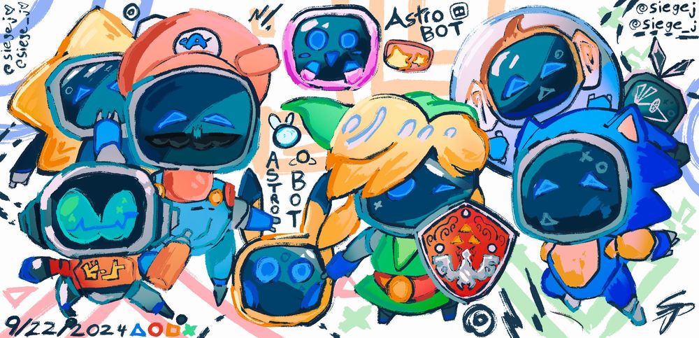 A collection of Astro's in costumes representing various Nintendo and Sega Properties! 