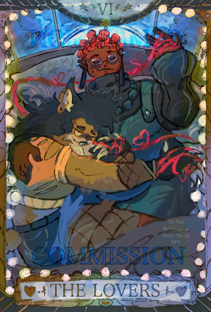 The Lovers. Commission. Do Not Reupload or Trace, No AI, NFT. Two women, one a black person with red bantu knots, and the other a afro-latina who is partially a werewolf, cuddle together under sheets on a cold night. The card is decorated like a Lovers Tarot!