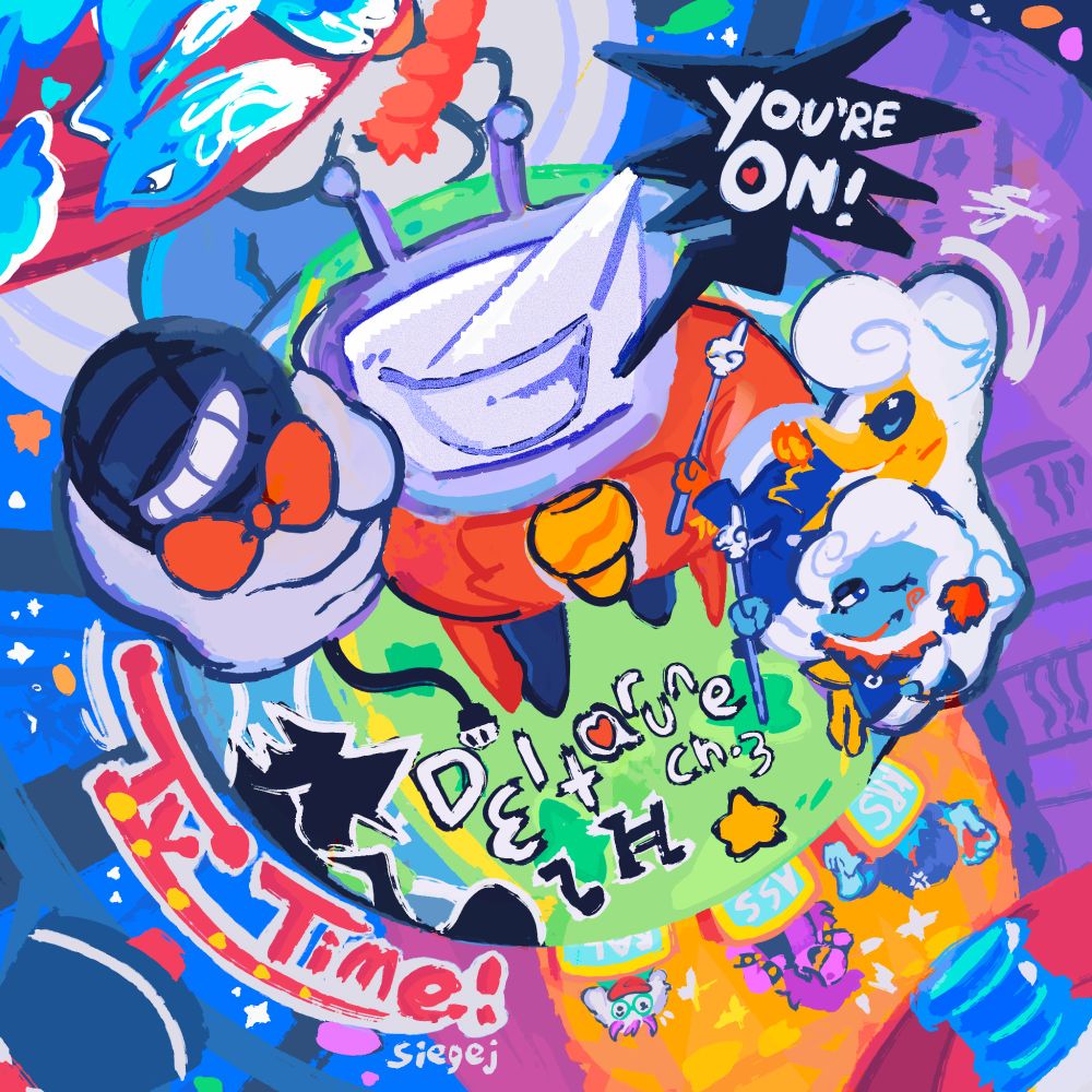 Tenna loudly proclaims "You're On!" as the words TV time and Deltarune Ch.3 art at his feet. Art of the Fun Gang, Elnina and Lanino, Miss Mizzle, Mike, and Shadowman are all depicted here! 