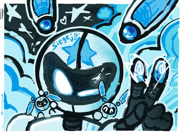 Robot bunny winks, throwing a peace sign at the viewer.