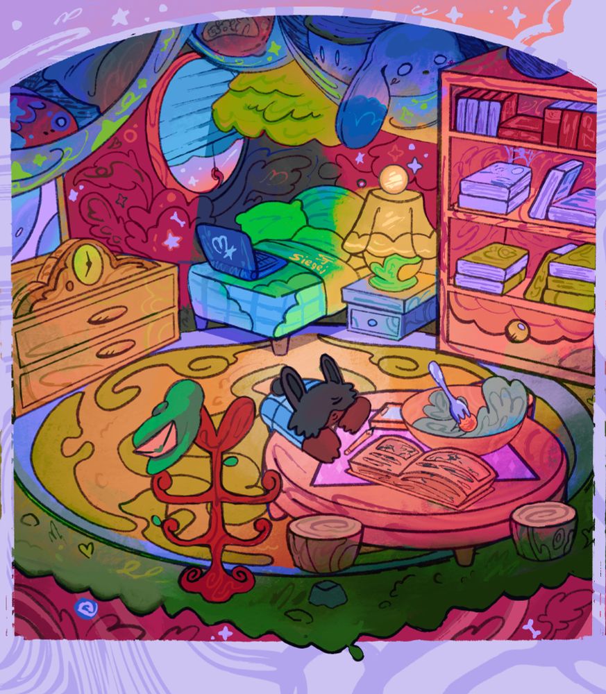 Sage in their bedroom, surrounded by plushies, books, a salad, and various drawers and night stands. A computer rests on their bed behind them.