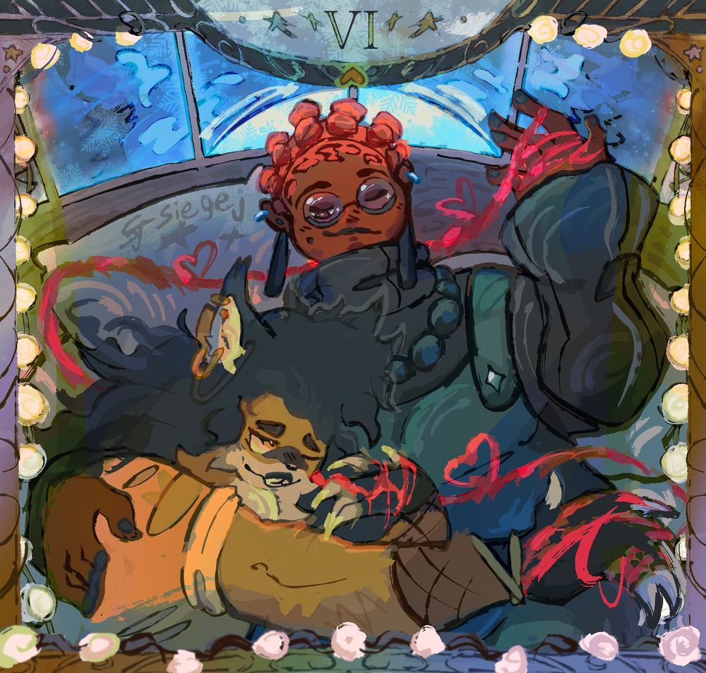 Two women, one notably more wolf like, cuddle together with red string intertwining their fingers.