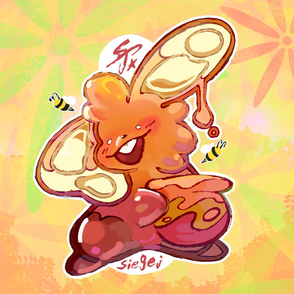 A goopy bunny seemingly made of honey. It has a goofy expression on it's face while holding a honey pot and having bees swirl around it! 