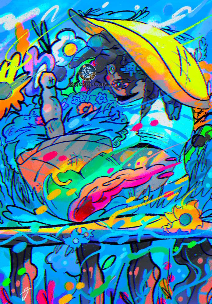 Image of a black farmer with vitiligo tending to flower fields with various fauna in their basket.