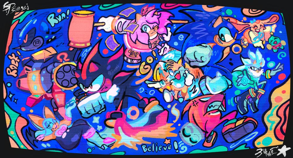 Maximal collage of sonic characters! Sonic, Shadow, Amy, Silver, Tails, Knuckles, Omega, Creem & Cheese, and Metal Sonic Pose together! The drawing is set up like an old VHS screen.