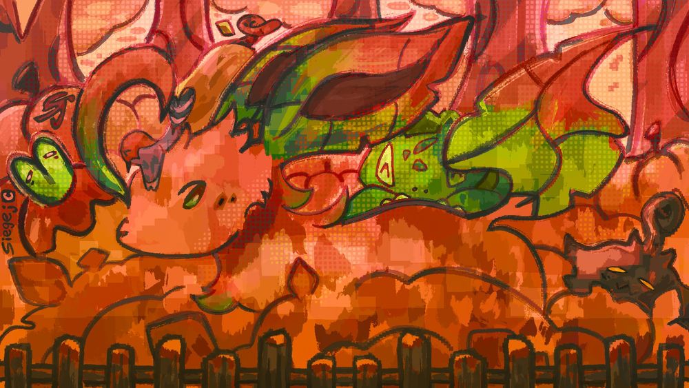 Leafeon, Bulbasaur, Pumpkaboo, Fletchling, and Applin enjoy a nice fall respite!