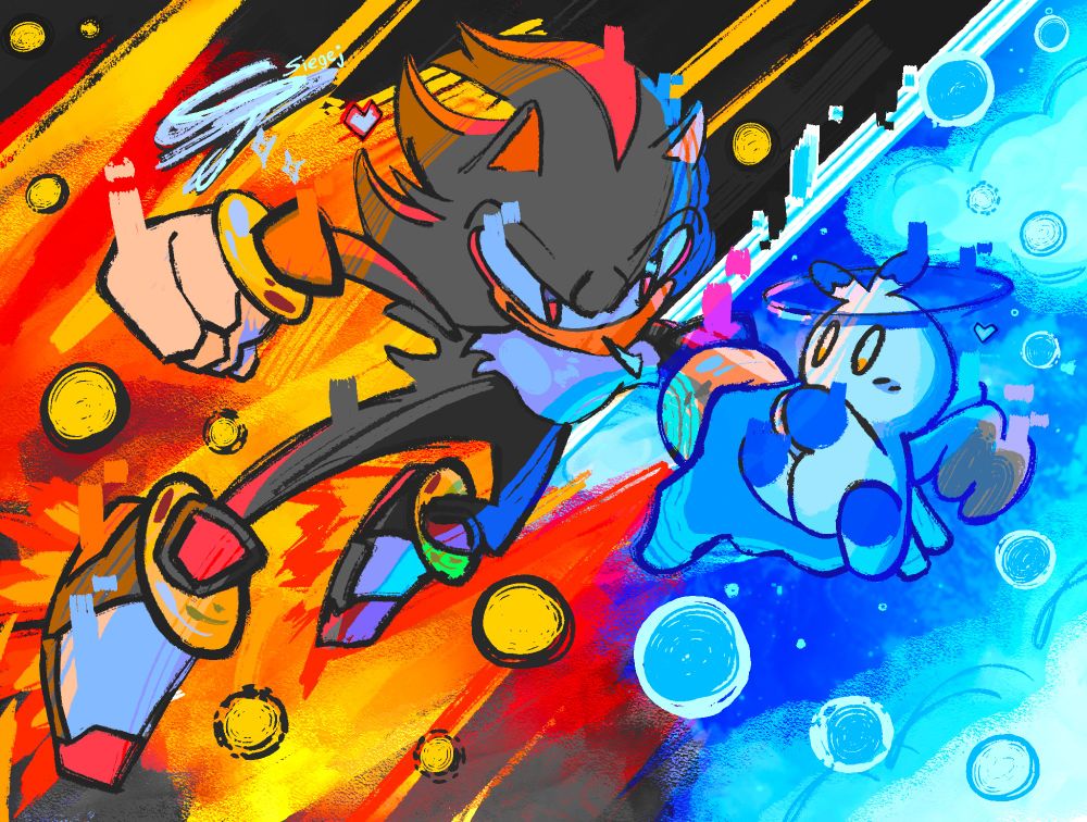 Shadow leaping from action, while looking contently at an angelic chao.