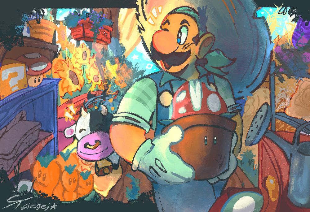 Farmer Luigi and Moo-Moo from Mario Kart World interact gleefully as they walk through a little botanical workshop!