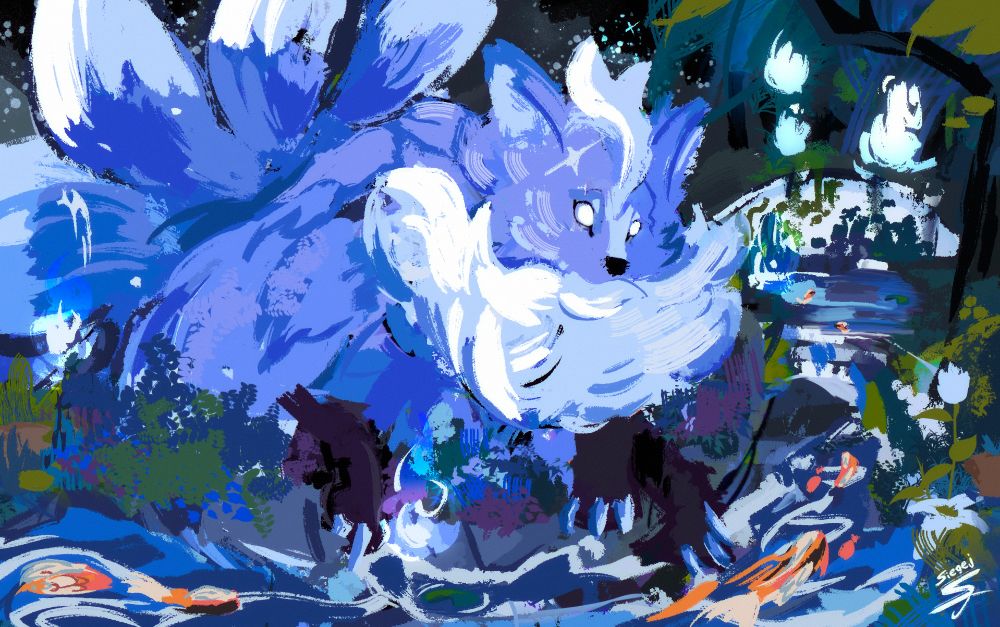 A wolf/fox spirit sits ideally, watching the river's koi fish peacefull pass by.