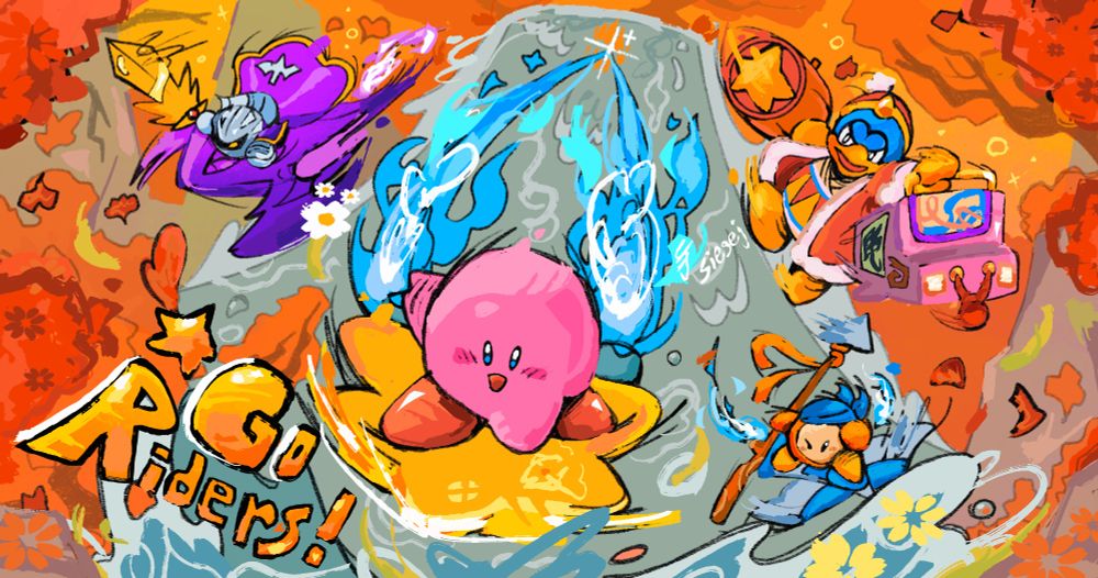 Go Riders! Kirby, Meta Knight, King Dedede, and Bandana Waddle Dee ride down a cascading waterfall in autum weather! 