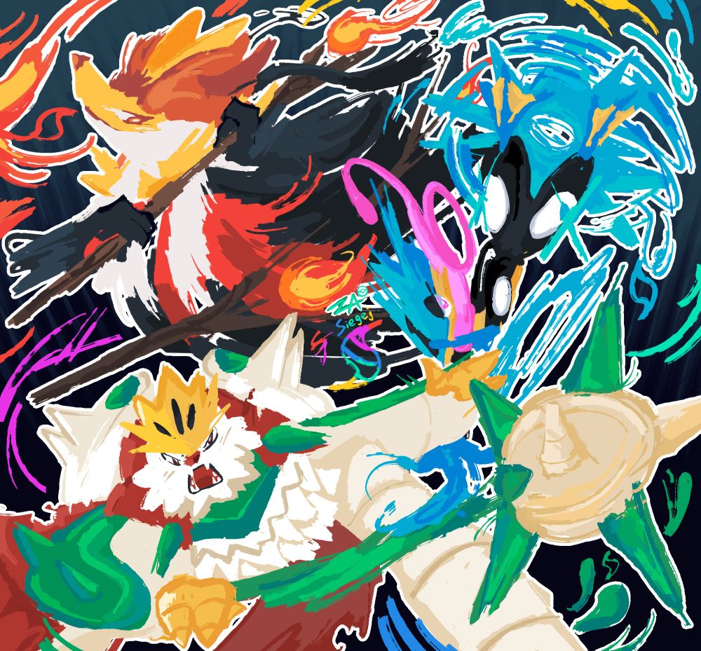 Mega Delphox, Greninja, and Chesnaught posing together! Delphox looks impish as it poses elegantly with their sticks. Greninja maintains a serious expression, posed upside down. Chesnaught brutishly swings their weapon.