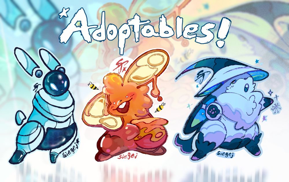 Adoptables! On this picture is a line up of chibi rabbits avalible to auction!  From left to right, there is a robot bunny with no arms, a slime bunny with bees swarming them, and a snowy magical bunny in a hat!