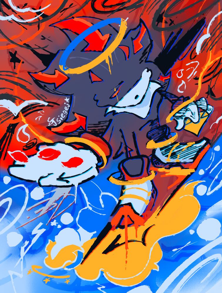 Shadow the hedgehog in a halo, holding a chaos emerald with a sad expression on his face. He releases petals into the wind. Below him is a visage of Maria in blue, white, & yellow.