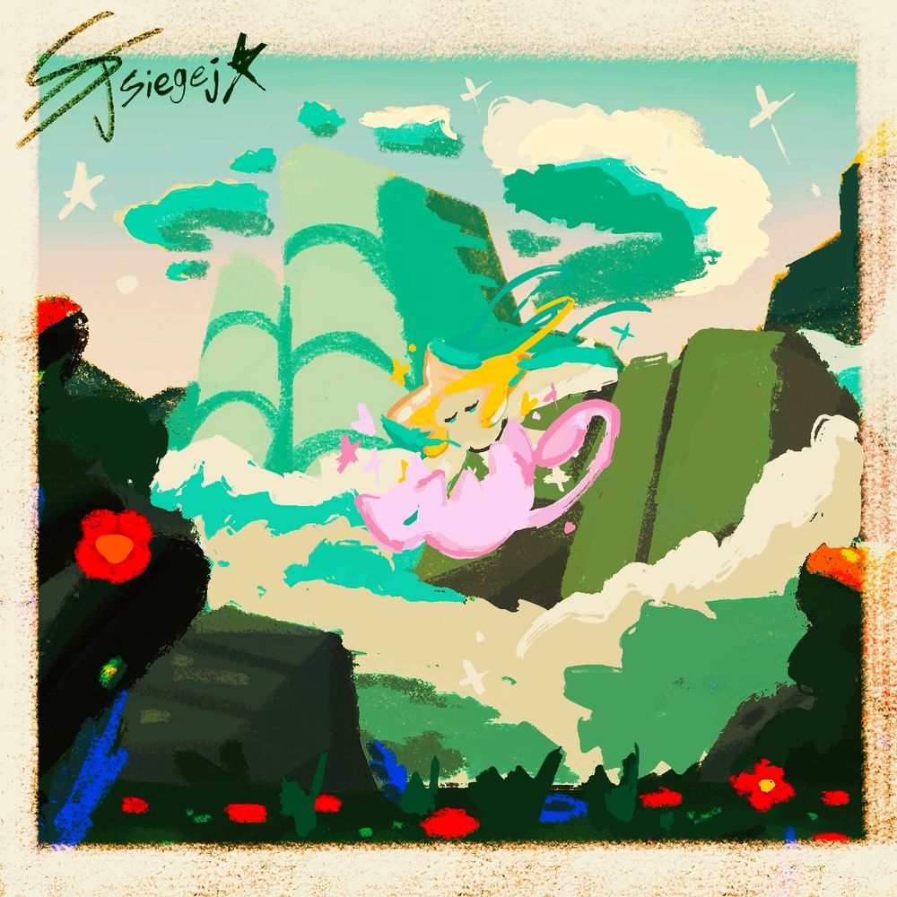 Jirachi and Mew floating peacefully in mountain ranges.