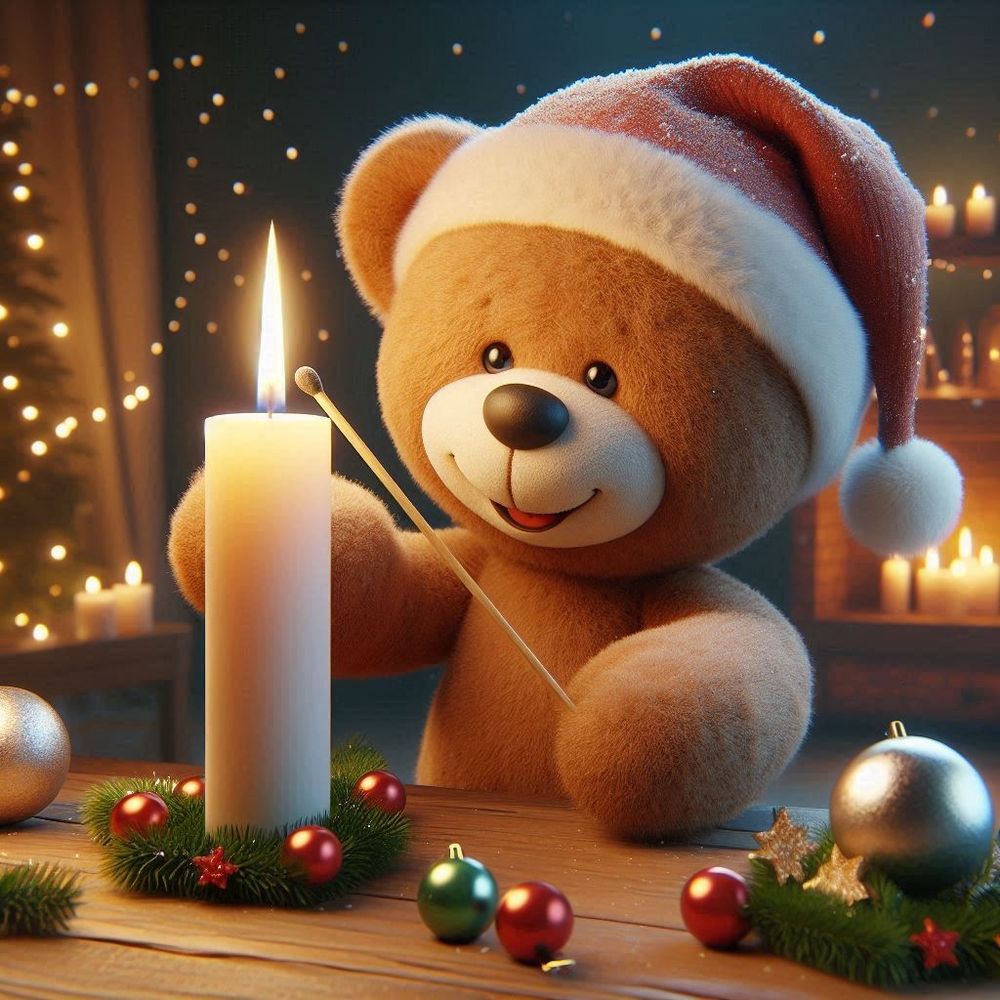 Ein lebender Teddybär mit Weihnachtsmütze entzündet eine Kerze zum ersten Advent, umgeben von Weihnachtsdekoration und weiteren Kerzen 